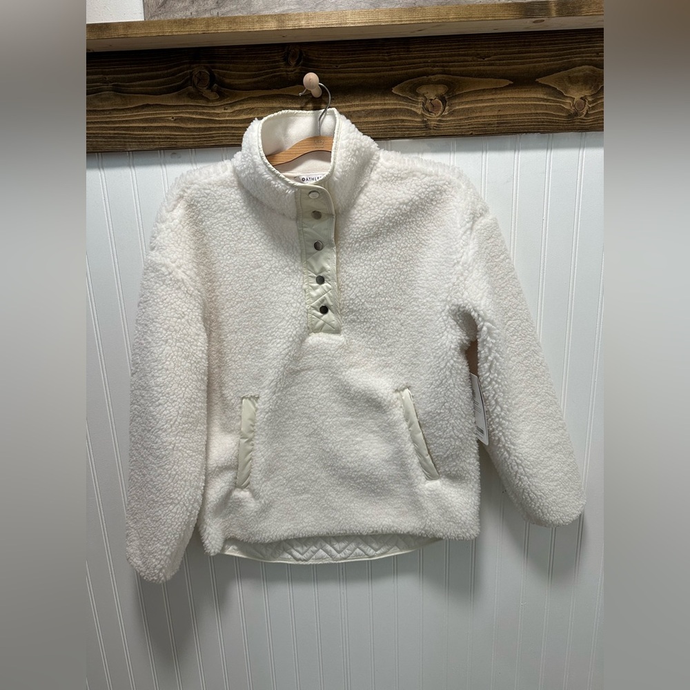 Athleta Cream Fleece Pullover Sherpa Sweatshirt Sz M Zip Pockets NWT